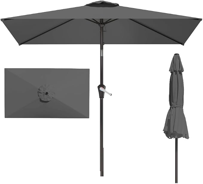 6.5' x 10' Rectangular Patio Umbrella Large Outdoor Market Umbrella w/UV Protection, Push Button Tilt and Crank Lift, Rectangle Table Umbrella for Garden, Deck, Pool, Patio, Grey