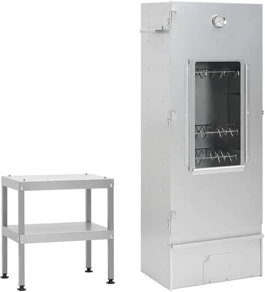 Outdoor BBQ Oven Smoker with Prep Table, Galvanized Steel Vertical Smoking Grill with Thermometer, Glass Window, Storage Shelves, and Wood Chips, 43.3 Inch Tall