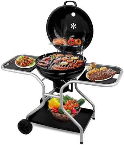 Portable Charcoal Grill – Heavy-Duty BBQ with Thermometer & Side Doors, Perfect for Camping, Beach, Garden, Patio & Backyard – 128x64x100cm, Black