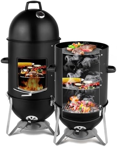 Portable Charcoal Grill - Heavy-Duty Outdoor BBQ with Thermometer & Doors, Perfect for Camping, Beach, Garden, Patio & Backyard, 48x48x119cm, Black