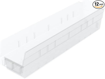 Akro-Mils 30128 Heavy Duty Plastic Shelf Bins, 18"x 4"x 4", Clear, 12-Pack | Heavy Duty Nesting Storage Bins for Garage, Closet, Refrigerator, Kitchen, Cabinet, Drawer Organization, Pantry Organization