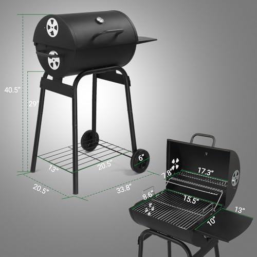 Portable Charcoal Grill 40" - Heavy-Duty Outdoor BBQ with Thermometer & Dual Doors, Perfect for Camping, Beach, Garden, Patio & Backyard (Black) 86x52x103cm
