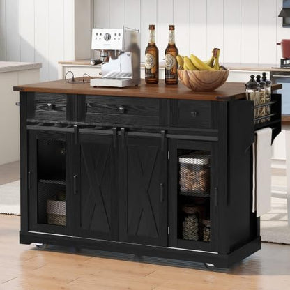Bellemave 58" Farmhouse Kitchen Island cart with Charging Station and with Storage, Sliding Barn Door & Metal Grid Side Door, Rolling Kitchen Island Table with 5 Wheels with Spice Rack, Black