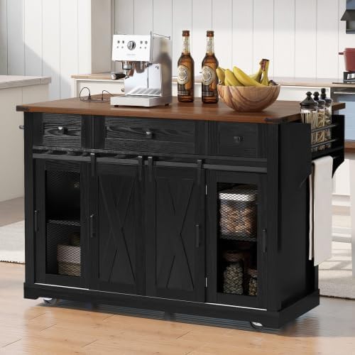 Bellemave 58" Farmhouse Kitchen Island cart with Charging Station and with Storage, Sliding Barn Door & Metal Grid Side Door, Rolling Kitchen Island Table with 5 Wheels with Spice Rack, Black