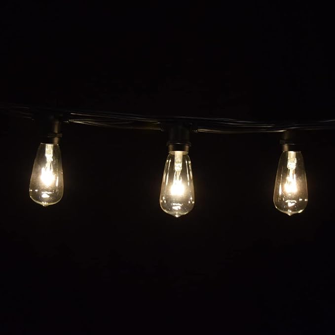 Commercial Vintage Edison String Lights (ST40 Clear - Black Wire, 25 Foot) | ST40 Clear 7 Watt Bulbs, 25 Foot 20 Socket, Commercial Grade Outdoor Lights