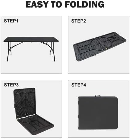 IDEALHOUSE 6 Ft Plastic Folding Table, Portable Fold-in-Half Table with Iron Legs, Carrying Handle, Outdoor Rectangular Fold Out Table for Dining, Picnic, Party, Camping, Barbecues, Black