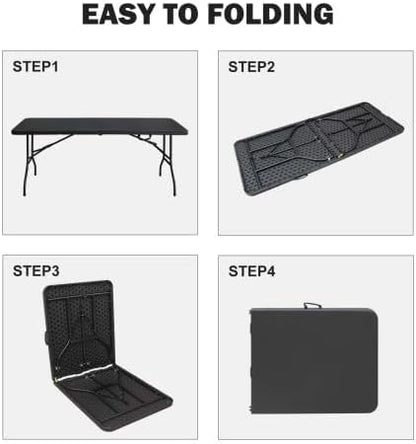 IDEALHOUSE 6 Ft Plastic Folding Table, Portable Fold-in-Half Table with Iron Legs, Carrying Handle, Outdoor Rectangular Fold Out Table for Dining, Picnic, Party, Camping, Barbecues, Black