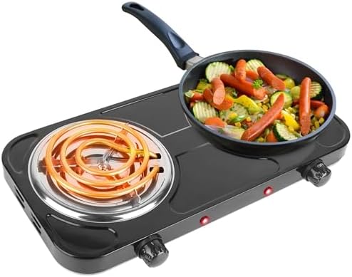 2000W Electric Double Burner, Portable Coil Heating Hot Plate Stove, Countertop Cooker with 5 Temperature Adjustments & Non Slip Rubber Feet for RV Kitchen (black)