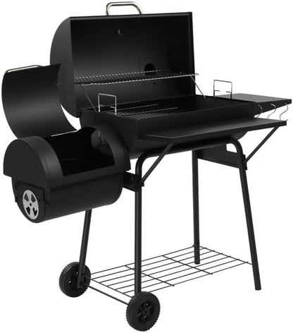 Black Charcoal Grill With Side Table, Mobile BBQ Grill With Wheels, Outdoor Charcoal Barbecue Grill with Wheels for Garden, Camping,Outdoor Grilling Station, Barbecue With Side Table (51INCH)