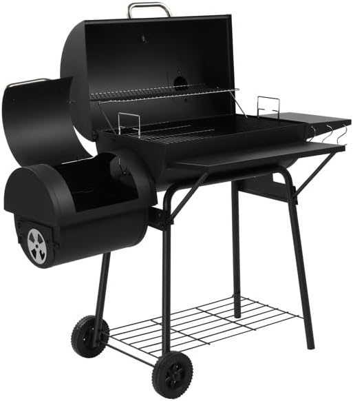 Black Charcoal Grill With Side Table, Mobile BBQ Grill With Wheels, Outdoor Charcoal Barbecue Grill with Wheels for Garden, Camping,Outdoor Grilling Station, Barbecue With Side Table (51INCH)