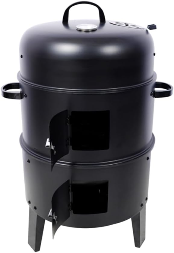 3-in-1 Vertical Charcoal Smoker Grill, 2-Tier BBQ Grill with Built-in Thermometer, Adjustable Air Vent, Dual Access Doors & Porcelain Pans for Grilling, Roasting