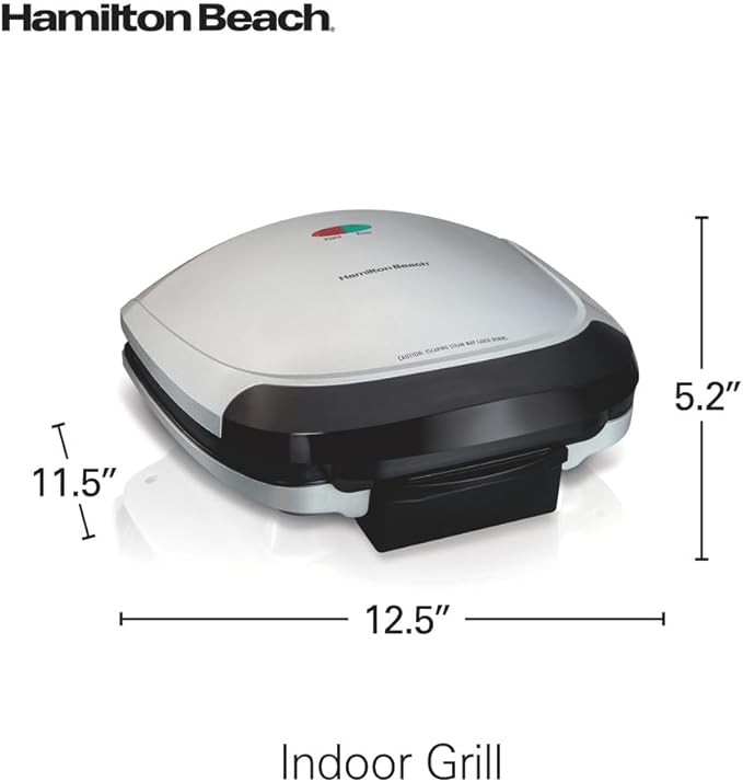 Hamilton Beach Electric Indoor Grill, 6-Serving, Large 90 sq. in. Nonstick Easy Clean Plates, Floating Hinge for Thicker Foods, 1200 Watts, 6.38"D x 12.68"W x 13.78"H, Silver (25371), (Pack of 2)