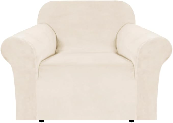 H.VERSAILTEX Stretch Velvet Armchair Cover Couch Covers 1 Cushion Chair Slipcover for Living Room Furniture Cover Crafted from Thick Comfy Rich Velour (Chair 31"-49", Cream)