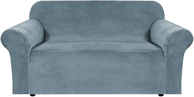 H.VERSAILTEX Stretch Velvet Loveseat Covers for 2 Cushion Couch Covers for Living Room Sofa Covers Slipcovers with Non Slip Straps Bottom, Ultra Thick Comfy Velour (Width 58"-72", Stone Blue)