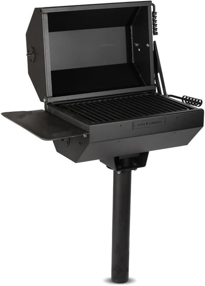 Ash & Ember Park-Style Grill & Smoker, 390 Sq. In Charcoal Grill with Cover, Side Shelf for BBQ Cooking Prep & Accessories, Single Post Barbeque Grill, Outdoor Grills & Smokers