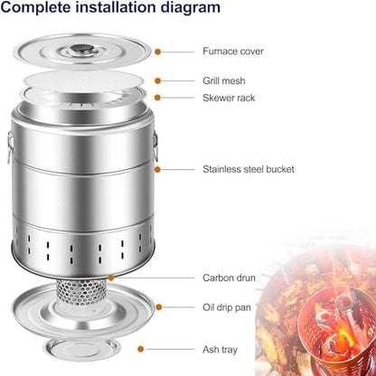 Smokeless Charcoal Barrel Grill,Stainless Steel Kebab Grill,with 28 Skewers/Grill Grate, for Camping, Picnics, Backyard Barbecues (A)