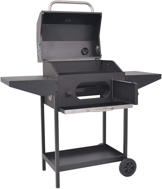 Charcoal BBQ Smoker Grill with Offset Firebox, Heavy Duty Barbecue Smoker with Side Tables and Bottom Shelf for Outdoor Cooking, Garden Parties, Black