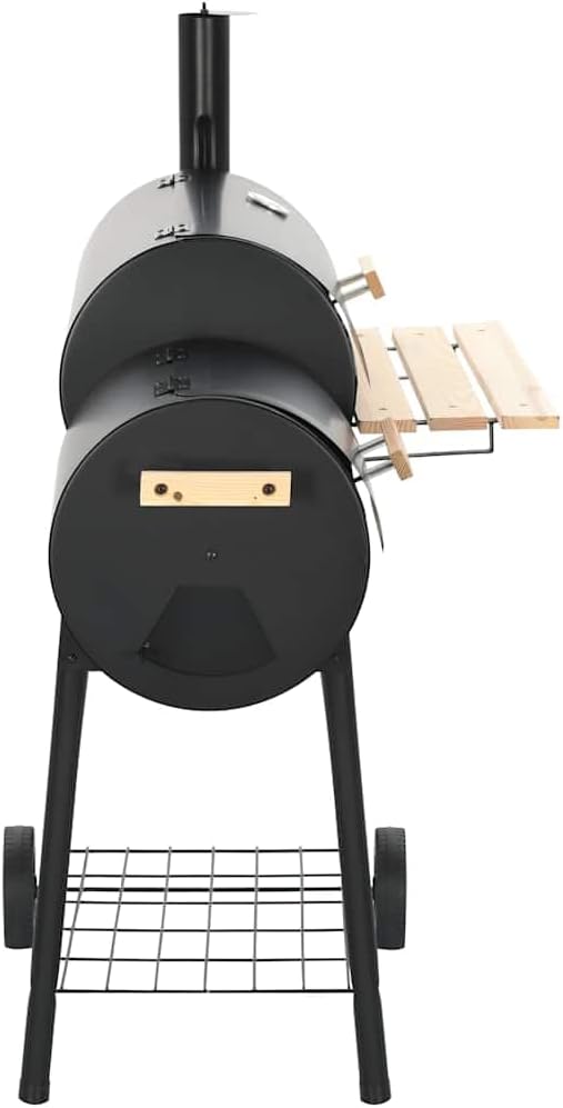 Charcoal Offset Smoker with Side Firebox, Thick Metal Body for Heat Retention, Integrated Thermometer, Front Shelf and Storage Shelf, 2 Wheels for Easy Mobility, BBQ Smoker