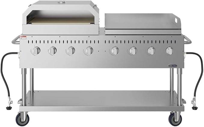 Pemberly Row 60" Commercial Outdoor Propane BBQ Grill with Pizza Oven Attachment, 8-Burner Stainless Steel Gas Grill