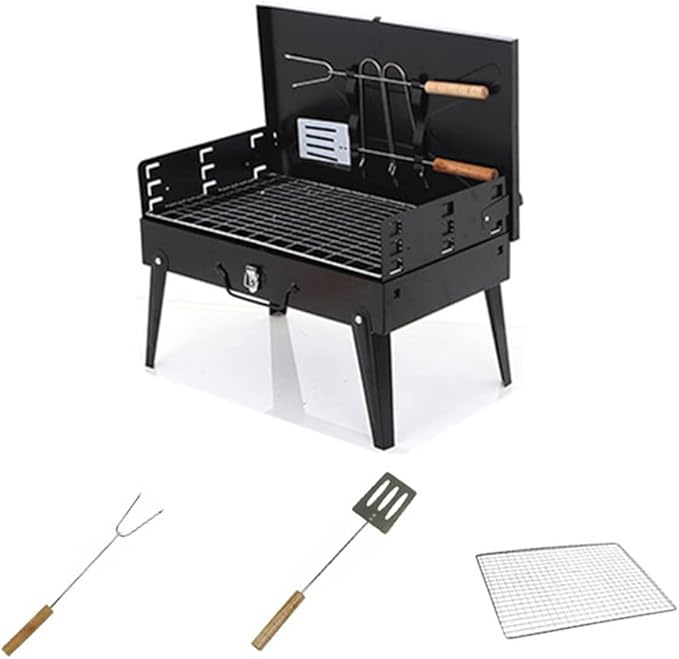 Charcoal Grills, Portable Camping Grill, Folding BBQ with Lid, 3-Level Height Adjustment, for 3 to 5 People for Outdoor Hiking Party Park Beach (Black 44 * 27 * 29cm)