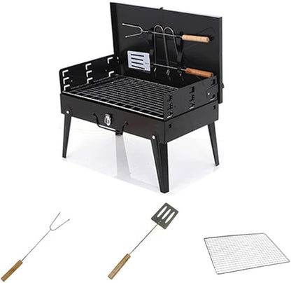 Charcoal Grills, Portable Camping Grill, Folding BBQ with Lid, 3-Level Height Adjustment, for 3 to 5 People for Outdoor Hiking Party Park Beach (Black 44 * 27 * 29cm)