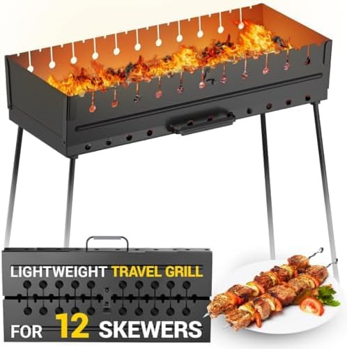 Charcoal Grill for 12 Skewers Charcoal Grill for 10 Skewers Portable Barbecue Camp Grills Foldable Metal Mangal BBQ for EDC Picnic Outdoor Cooking Camping Hiking