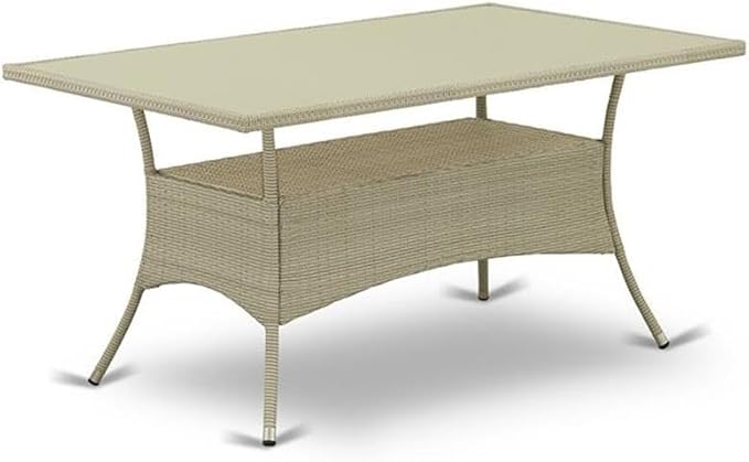 East West Furniture OSBK5-03A 5 Piece Wicker Patio Furniture Set Includes a Rectangle Outdoor Table with Glass Top and 4 Balcony Backyard Armchair with Cushion, 36x60 Inch, Natural Linen
