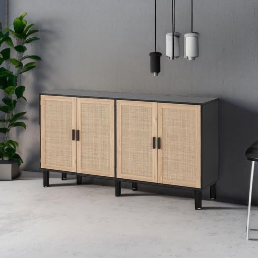 Finnhomy 4 Door Sideboard Buffet Cabinet, Kitchen Storage Cabinet with Rattan Decorated Doors, Cupboard Console Table, Boho Accent Liquor Cabinet, Bar Cabient, 62.3X 15.7X 34.6 Inches, Black