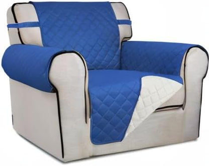 PureFit Reversible Quilted Sofa Cover, Water Resistant Slipcover Furniture Protector, Washable Couch Cover with Non Slip Foam and Elastic Straps for Kids, Pets (Chair, Classic Blue/Ivory), Small | Classic Blue/Ivory, Water Resistant Couch Protector, Wa...