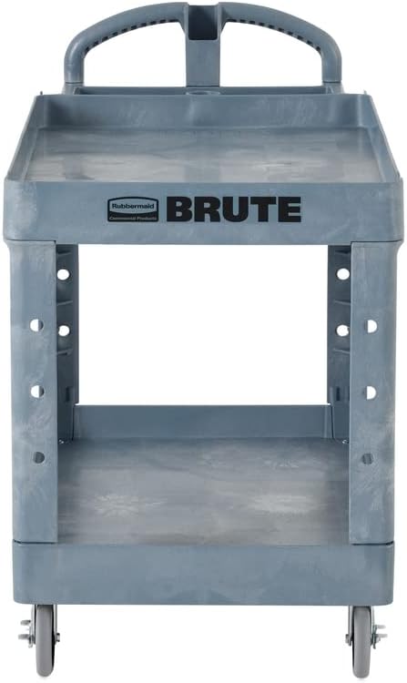Rubbermaid Commercial Products BRUTE Heavy Duty 2-Shelf Utility/Service Cart, Large, Lipped Shelves, Ergonomic Handle, 750 lbs. Capacity, Black, for Warehouse/Garage/Cleaning/Maintenance/Stadiums