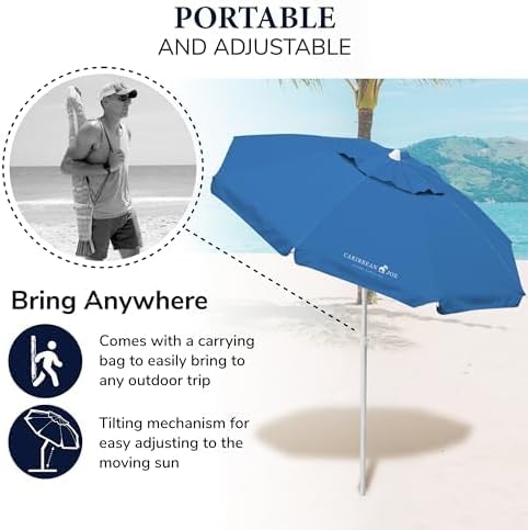 Caribbean Joe Beach Umbrella, Portable and Adjustable Tilt Sun Umbrella with UV Protection, Vented Canopy, Full 6.5 ft Arc
