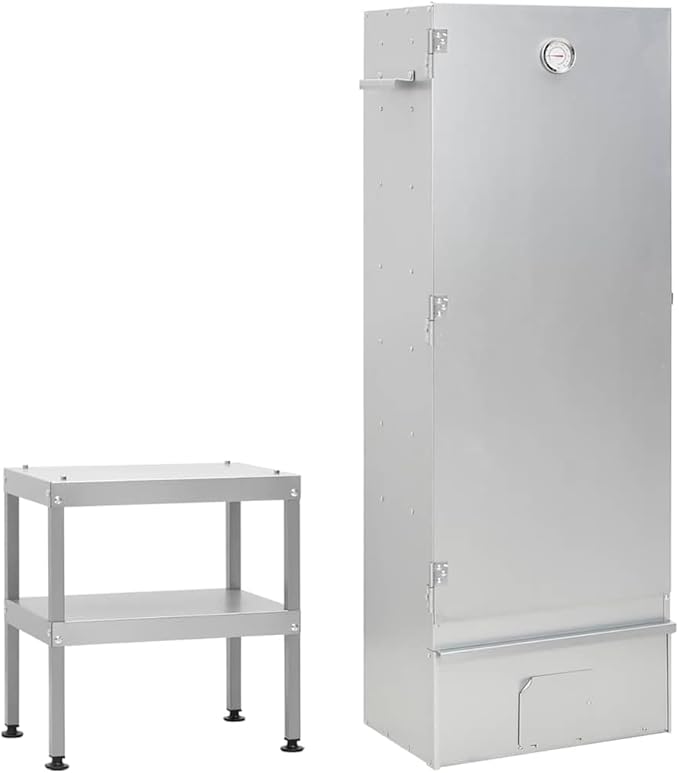 Outdoor BBQ Smoker with Prep Table, Galvanized Steel Vertical Smoker Grill for Meat, Fish and Sausage, Includes Thermometer and Storage Shelves