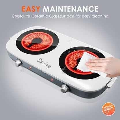 Davivy Hot Plate Electric Double Burner,1800W Rapid Heating Portable Cooktop with 7.9inch Crystallite Ceramic Glass Top,Flexible Temperature Settings,Lightweight Design for Cooking (Double-White)