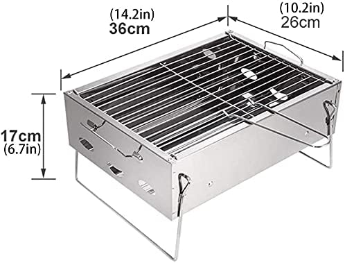 Small Charcoal Barbecue Grill, Stainless Steel Portable Folding BBQ Grill with Net Tongs, Desk Tabletop Smoker BBQ, for 2-5 People, 36 x 26 x 17 cm for Home Outdoor Picnic