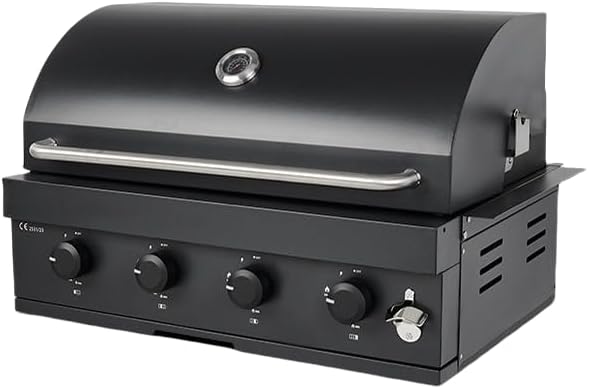 4-Burner Gas & Charcoal Combo Built-in BBQ Grill – Outdoor Tabletop Barbecue with Thermometer, Cast Iron Grates, Pull-Out Grease Tray – for Patio, Garden, or Backyard Use