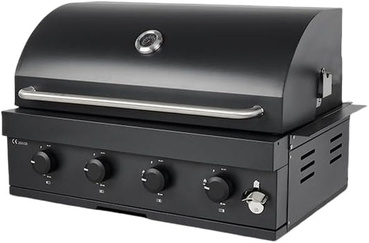4-Burner Gas & Charcoal Combo Built-in BBQ Grill – Outdoor Tabletop Barbecue with Thermometer, Cast Iron Grates, Pull-Out Grease Tray – for Patio, Garden, or Backyard Use