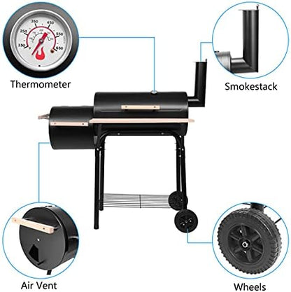 Barbecue Grill Cookers Grill Oil Drum Charcoal Furnace (500-600 Degrees) Charcoal Grill and Offset Smoker Portable Backyard Steel BBQ Oven with Wheels Outdoor Patio Barbecue Cooker with Side Fire Box for Camping Picnic Party