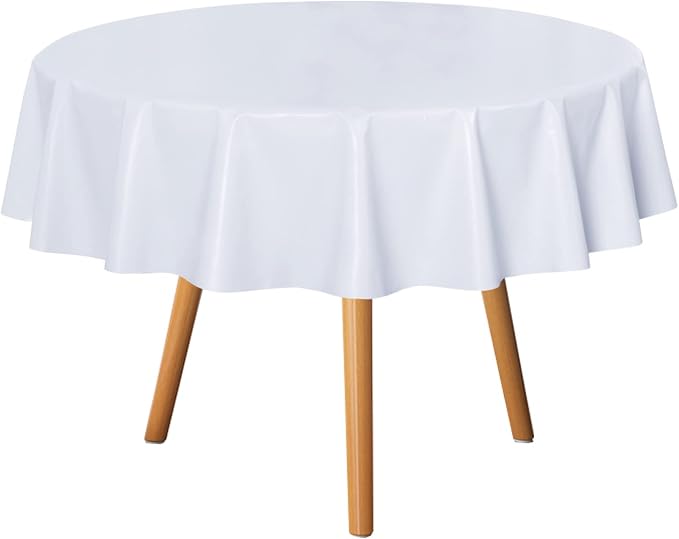 sancua 100% Waterproof Vinyl Tablecloth Table Cloth 60 Inch Round, White | Oil Spill Proof, PVC Material, Wipe Clean Table Cover for Dining Tables, Buffet Parties and Camping