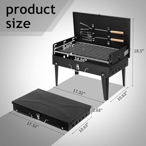 Portable Charcoal Grill 40cm - Heavy-Duty BBQ Smoker with Thermometer & Dual Doors, Perfect for Camping, Beach, Garden, Patio & Backyard - Compact Black 44x27x7cm