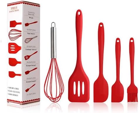 5-Piece Silicone Spatula Set with Egg Whisk & Basting Brush – Heat Resistant, Non-Stick, BPA-Free Kitchen Utensils for Cooking, Baking & Grilling – Dishwasher Safe – (Red, Black, Green, Pink) (Green)