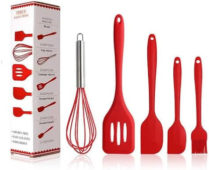 5-Piece Silicone Spatula Set with Egg Whisk & Basting Brush – Heat Resistant, Non-Stick, BPA-Free Kitchen Utensils for Cooking, Baking & Grilling – Dishwasher Safe – (Red, Black, Green, Pink) (Green)