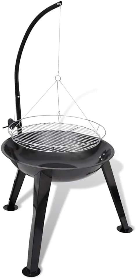 Steel Charcoal Barbecue Stand with 22.8 Inch Height Adjustable Hanging Grill Plate for Grilling, Baking, Smoking at Picnics, Parties, Campings
