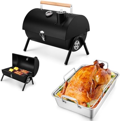 Joyfair Portable Charcoal Grill with Thermometer & Roasting Pan with Rack for Turkey Chicken, Small Tabletop Barbecue Grill for Outdoor Camping, Stainless Steel Roaster Pan and V-rack for Toaster Oven