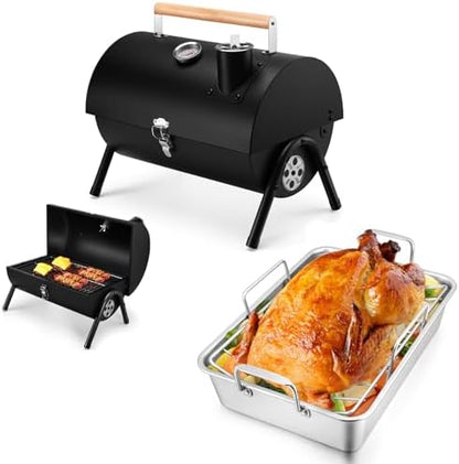 Joyfair Portable Charcoal Grill with Thermometer & Roasting Pan with Rack for Turkey Chicken, Small Tabletop Barbecue Grill for Outdoor Camping, Stainless Steel Roaster Pan and V-rack for Toaster Oven