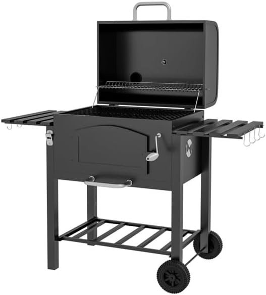 Adjustable Portable Charcoal BBQ Grill with Side Tables, Chimney Vent, and Ash Catcher – Outdoor Steel Barbecue Grill with Wheels, Bottle Opener & Temperature Gauge