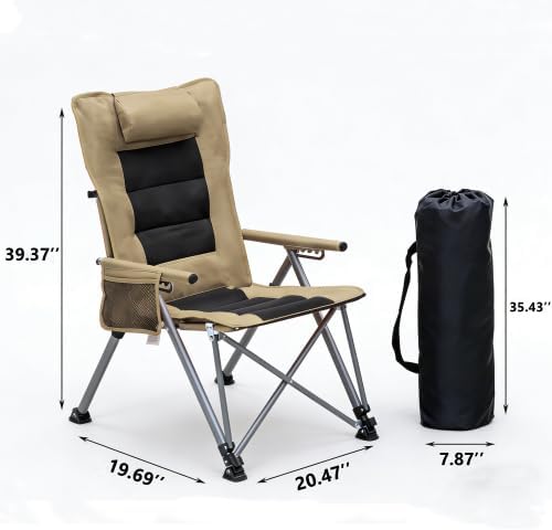 Adjustable Folding Beach Chair, Portable Camping Chair for Adults with Backrest, Reclining Outdoor Chair with Cup Holder & Pocket, Foldable Low Beach Chair for Camping, Picnic, Khaki