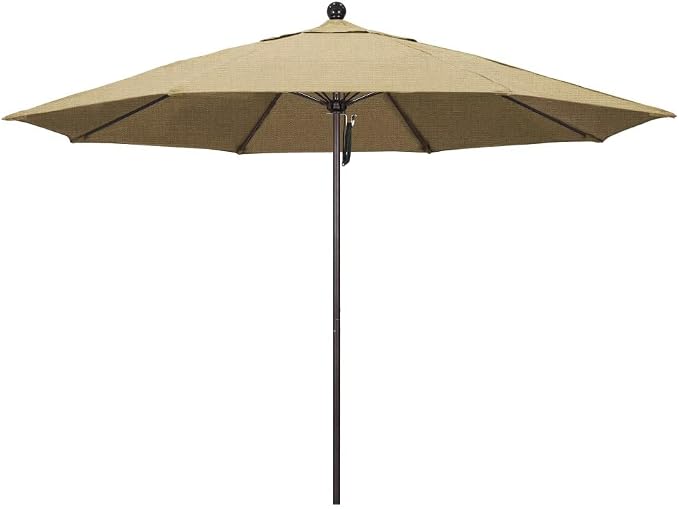 California Umbrella 11' Round Aluminum/Fiberglass Umbrella, Pulley Lift, Bronze Pole, Sunbrella Linen Sesame