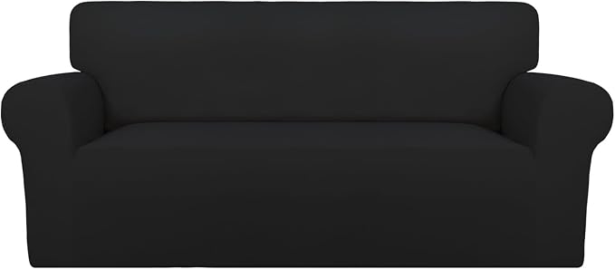 PureFit Super Stretch Sofa Slipcover – Spandex Non Slip Soft Couch Sofa Cover, Washable Furniture Protector with Non Skid Foam and Elastic Bottom for Kids, Pets (Oversized Loveseat, Black)