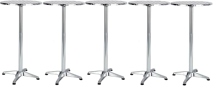 Set of 5 – 45" Bar Height Round Flip-Top Aluminum Tables with 23.75" Stainless Steel Surface, Commercial-Grade Indoor/Outdoor Furniture for Restaurants, Cafés & Patios, 25.75" Base