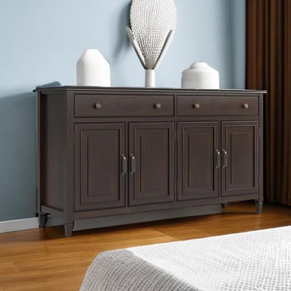 SIMPLIHOME Connaught 67" Sideboard Cabinet in Dark Chestnut Brown | Traditional 4-door dining room buffet with 2 drawers and adjustable shelves for organized kitchen or living room storage.